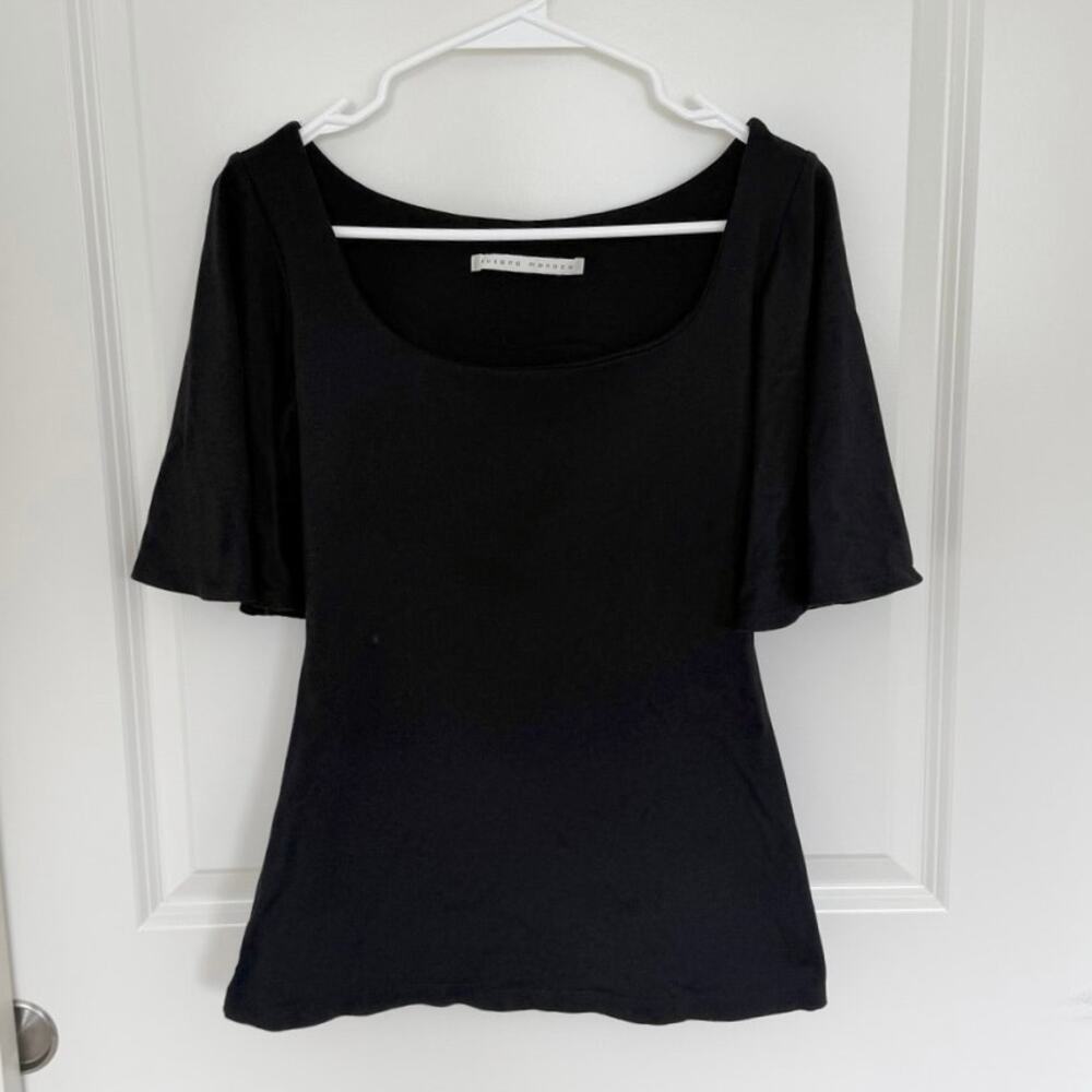 Susana Monaco Stretchy Scoop Neck Flutter Sleeve Top Black XS